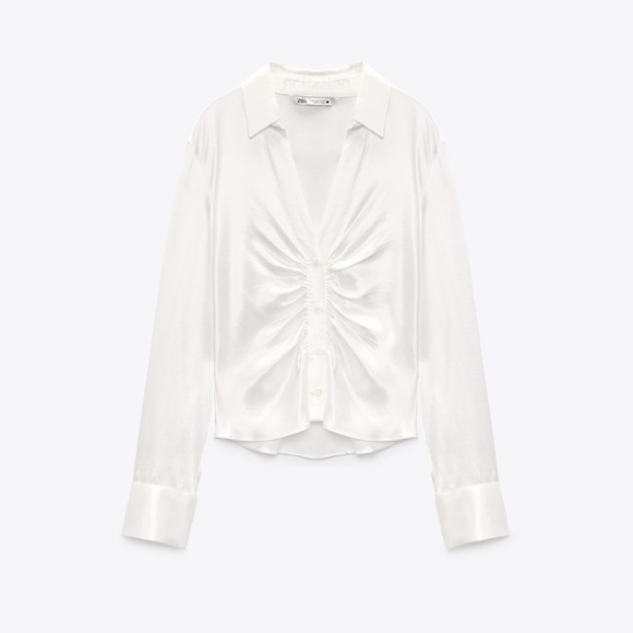 NWT Zara Ruched Satin Effect Shirt in Ecru White Ref. 4437/329 - Picture 3 of 11